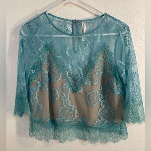 Turquoise By Anthropologie lace illusion top, size M EUC